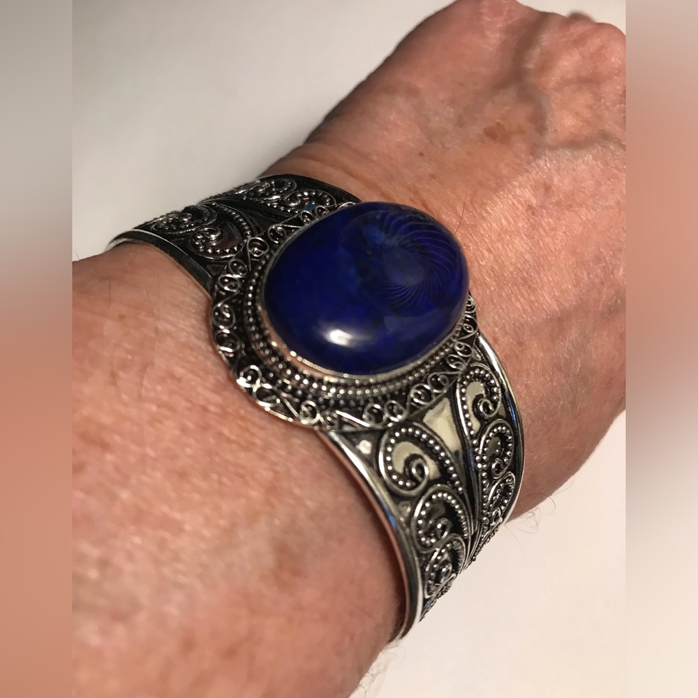 Lapis Lazuli Stamped 925 Sterling Silver Cuff Bracelet